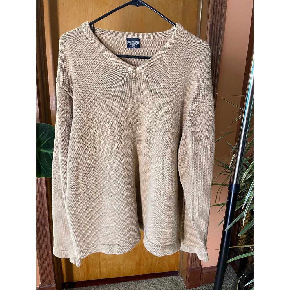 Vintage Steve & Barrys Tan Cotton V-Neck Sweater Heavy Knit 90s XL Beige